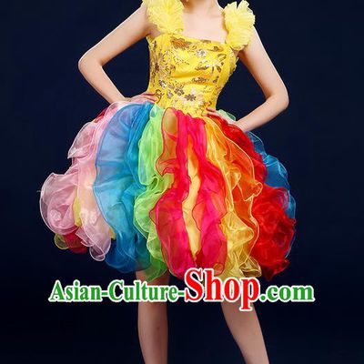 Traditional Chinese Modern Dancing Compere Costume, Women Opening Classic Chorus Singing Group Dance Flowers Bubble Uniforms, Modern Dance Classic Dance Short Dress for Women