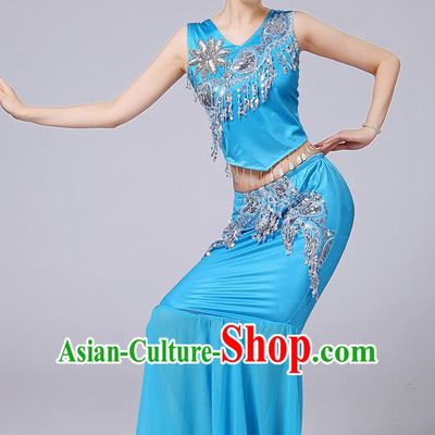 Traditional Chinese Dai Nationality Peacock Dancing Costume, Folk Dance Ethnic Paillette Tassel Fishtail Dress Princess Uniform, Chinese Minority Nationality Dancing Blue Clothing for Women