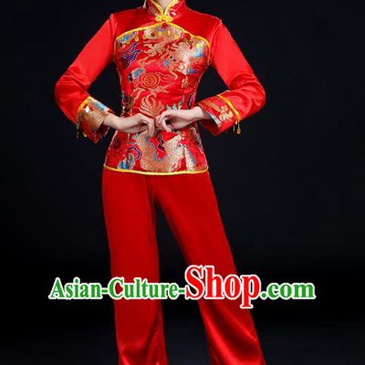 Traditional Chinese Yangge Fan Dancing Costume, Folk Dance Yangko Uniforms, Classic Umbrella Dance Elegant Dress Drum Dance Satin Red Clothing for Women
