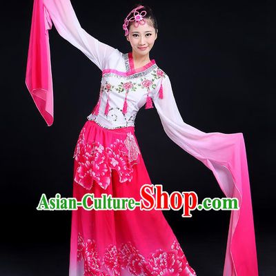 Traditional Chinese Yangge Fan Dancing Costume, Folk Dance Yangko Gradient Water Sleeve Tassel Uniforms, Classic Umbrella Dance Elegant Dress Drum Dance Clothing for Women