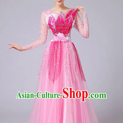 Traditional Chinese Style Modern Dancing Compere Costume, Women Opening Classic Chorus Singing Group Dance Uniforms, Modern Dance Classic Dance Pink Long Big Swing Dress for Women