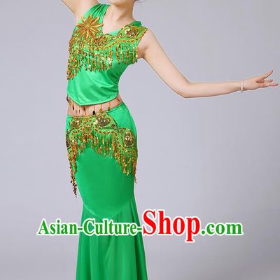 Traditional Chinese Dai Nationality Peacock Dancing Costume, Folk Dance Ethnic Paillette Tassel Fishtail Dress Princess Uniform, Chinese Minority Nationality Dancing Green Clothing for Women