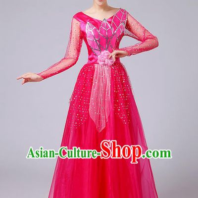 Traditional Chinese Style Modern Dancing Compere Costume, Women Opening Classic Chorus Singing Group Dance Uniforms, Modern Dance Classic Dance Rose Long Big Swing Dress for Women