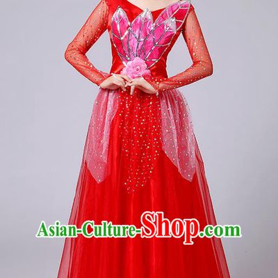 Traditional Chinese Style Modern Dancing Compere Costume, Women Opening Classic Chorus Singing Group Dance Uniforms, Modern Dance Classic Dance Red Long Big Swing Dress for Women