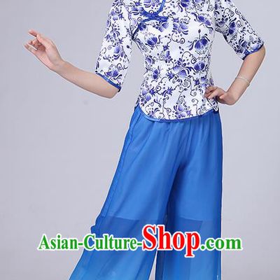 Traditional Chinese Yangge Fan Dancing Costume, Folk Dance Yangko Mandarin Collar Peony Painting Blouse and Pants Uniforms, Classic Dance Elegant Dress Drum Dance Pink Clothing for Women