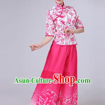Traditional Chinese Yangge Fan Dancing Costume, Folk Dance Yangko Mandarin Collar Peony Painting Blouse and Pants Uniforms, Classic Dance Elegant Dress Drum Dance Pink Clothing for Women