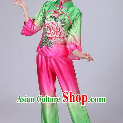 Traditional Chinese Yangge Fan Dancing Costume, Folk Dance Yangko Mandarin Collar Peony Painting Satin Blouse and Pants Uniforms, Classic Dance Elegant Dress Drum Dance Clothing for Women