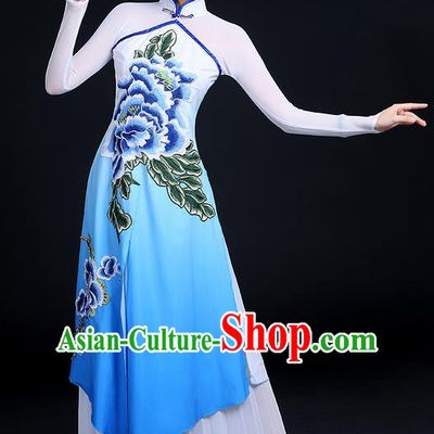 Traditional Chinese Yangge Fan Dancing Costume, Folk Dance Yangko Mandarin Collar Peony Painting Uniforms, Classic Dance Elegant Big Swing Dress Drum Dance Clothing for Women