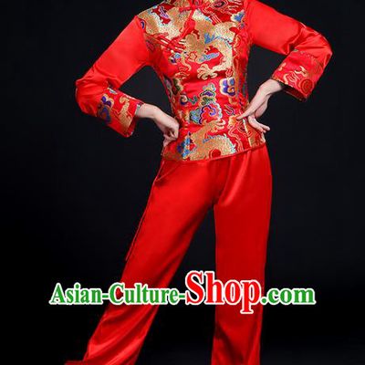 Traditional Chinese Yangge Fan Dancing Costume, Folk Dance Yangko Mandarin Collar Embroidered Dragon Blouse and Pants Uniforms, Classic Dance Elegant Dress Drum Dance Red Clothing for Women