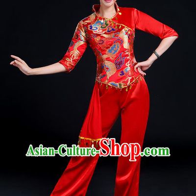 Traditional Chinese Yangge Fan Dancing Costume, Folk Dance Yangko Mandarin Collar Embroidered Dragon Blouse and Pants Uniforms, Classic Dance Elegant Dress Drum Dance Red Clothing for Women
