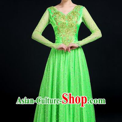 Traditional Chinese Modern Dancing Compere Costume, Women Opening Classic Dance Chorus Singing Group Uniforms, Modern Dance Classic Dance Big Swing Green Dress for Women