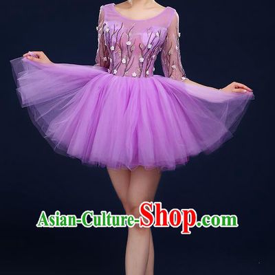 Traditional Chinese Modern Dancing Compere Costume, Women Opening Classic Dance Chorus Singing Group Bubble Uniforms, Modern Dance Classic Dance Big Swing Purple Short Dress for Women