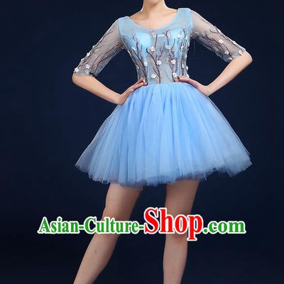 Traditional Chinese Modern Dancing Compere Costume, Women Opening Classic Dance Chorus Singing Group Bubble Uniforms, Modern Dance Classic Dance Big Swing Blue Short Dress for Women