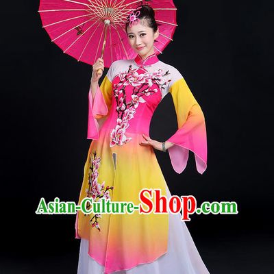 Traditional Chinese Yangge Fan Dancing Costume, Folk Dance Yangko Gradient Water Sleeve Embroider Plum Blossom Uniforms, Classic Umbrella Dance Elegant Dress Drum Dance Pink Clothing for Women