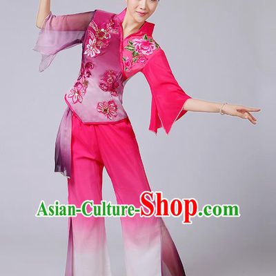 Traditional Chinese Yangge Fan Dancing Costume, Folk Dance Yangko Mandarin Sleeve Paillette Blouse and Pants Uniforms, Classic Dance Elegant Dress Drum Dance Pink Clothing for Women