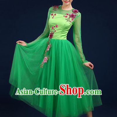 Traditional Chinese Modern Dancing Compere Costume, Women Opening Classic Dance Chorus Singing Group Bubble Uniforms, Modern Dance Classic Dance Big Swing Green Middle Dress for Women