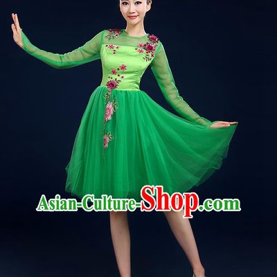Traditional Chinese Modern Dancing Compere Costume, Women Opening Classic Dance Chorus Singing Group Bubble Uniforms, Modern Dance Classic Dance Big Swing Green Short Dress for Women