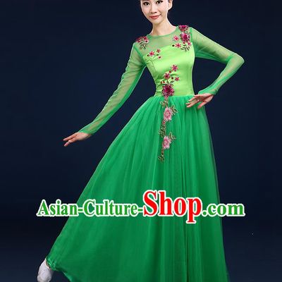 Traditional Chinese Modern Dancing Compere Costume, Women Opening Classic Dance Chorus Singing Group Bubble Uniforms, Modern Dance Classic Dance Big Swing Green Long Dress for Women