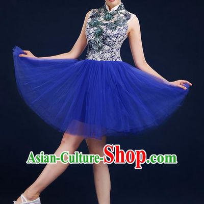 Traditional Chinese Modern Dancing Compere Costume, Women Opening Classic Dance Chorus Singing Group Bubble Uniforms, Modern Dance Classic Dance Big Swing Blue Short Dress for Women