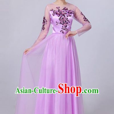 Traditional Chinese Modern Dancing Compere Costume, Women Opening Classic Dance Chorus Singing Group Bubble Embroidered Uniforms, Modern Dance Classic Dance Big Swing Purple Long Dress for Women