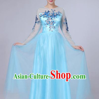 Traditional Chinese Modern Dancing Compere Costume, Women Opening Classic Dance Chorus Singing Group Bubble Embroidered Uniforms, Modern Dance Classic Dance Big Swing Blue Long Dress for Women