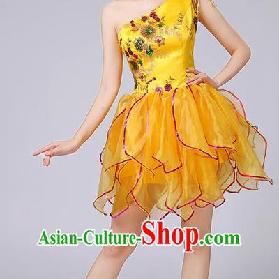 Traditional Chinese Modern Dancing Compere Costume, Women Opening Classic Dance Chorus Singing Group Bubble Embroidered Uniforms, Modern Dance Classic Dance Big Swing Gold Short Dress for Women