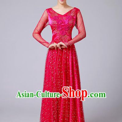 Traditional Chinese Modern Dancing Compere Costume, Women Opening Classic Dance Chorus Singing Group Bubble Uniforms, Modern Dance Classic Dance Big Swing Red Long Dress for Women