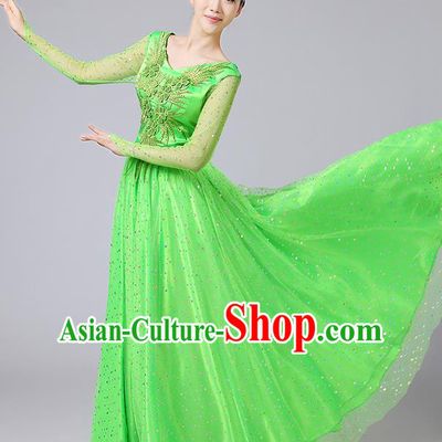 Traditional Chinese Modern Dancing Compere Costume, Women Opening Classic Dance Chorus Singing Group Bubble Uniforms, Modern Dance Classic Dance Big Swing Green Long Dress for Women