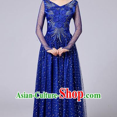 Traditional Chinese Modern Dancing Compere Costume, Women Opening Classic Dance Chorus Singing Group Bubble Uniforms, Modern Dance Classic Dance Big Swing Blue Long Dress for Women