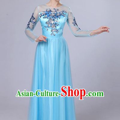 Traditional Chinese Modern Dancing Compere Costume, Women Opening Classic Dance Chorus Singing Group Paillette Flowers Bubble Uniforms, Modern Dance Classic Dance Big Swing Blue Long Dress for Women