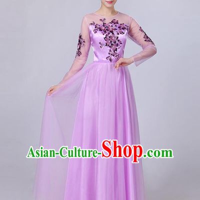 Traditional Chinese Modern Dancing Compere Costume, Women Opening Classic Dance Chorus Singing Group Paillette Flowers Bubble Uniforms, Modern Dance Classic Dance Big Swing Purple Long Dress for Women
