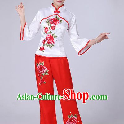 Traditional Chinese Yangge Fan Dancing Costume, Folk Dance Yangko Mandarin Collar Peony Embroidery Blouse and Pants Uniforms, Classic Dance Elegant Dress Drum Dance Clothing for Women