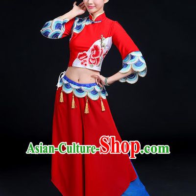 Traditional Chinese Yangge Fan Dancing Costume, Folk Dance Yangko Mandarin Collar Peony Tassel Blouse and Pants Uniforms, Classic Dance Elegant Dress Drum Dance Clothing for Women