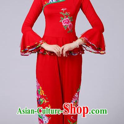 Traditional Chinese Yangge Fan Dancing Costume, Folk Dance Yangko Mandarin Sleeve Embroidery Peony Blouse and Pants Uniforms, Classic Dance Elegant Dress Drum Dance Red Clothing for Women
