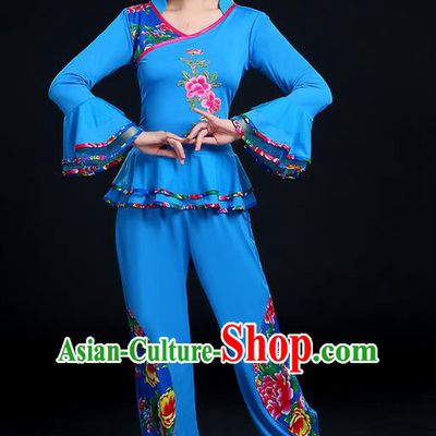 Traditional Chinese Yangge Fan Dancing Costume, Folk Dance Yangko Mandarin Sleeve Embroidery Peony Blouse and Pants Uniforms, Classic Dance Elegant Dress Drum Dance Blue Clothing for Women