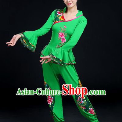 Traditional Chinese Yangge Fan Dancing Costume, Folk Dance Yangko Mandarin Sleeve Embroidery Peony Blouse and Pants Uniforms, Classic Dance Elegant Dress Drum Dance Green Clothing for Women