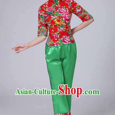 Traditional Chinese Yangge Fan Dancing Costume, Folk Dance Yangko Mandarin Collar Peony Blouse and Pants Uniforms, Classic Dance Elegant Dress Drum Dance Clothing for Women