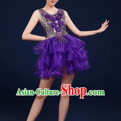 Traditional Chinese Modern Dancing Compere Costume, Women Opening Classic Dance Chorus Singing Group Bubble Uniforms, Modern Dance Classic Dance Short Dress for Women
