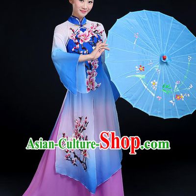 Traditional Chinese Yangge Fan Dancing Costume, Folk Dance Yangko Mandarin Sleeve Peach Blossom Painting Uniforms, Classic Dance Elegant Big Swing Dress Drum Dance Clothing for Women