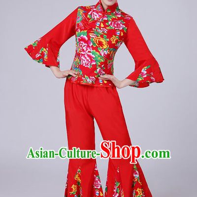 Traditional Chinese Yangge Fan Dancing Costume, Folk Dance Yangko Mandarin Sleeve Phoenix Peony Blouse and Pants Uniforms, Classic Dance Elegant Dress Drum Dance Red Clothing for Women