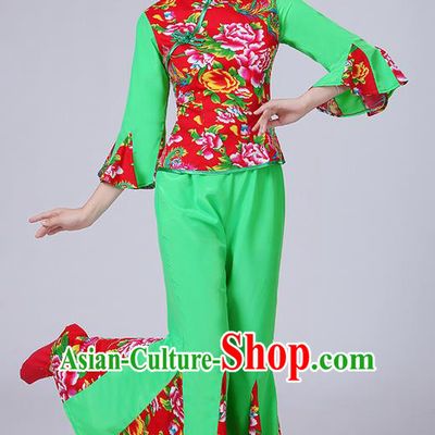 Traditional Chinese Yangge Fan Dancing Costume, Folk Dance Yangko Mandarin Sleeve Phoenix Peony Blouse and Pants Uniforms, Classic Dance Elegant Dress Drum Dance Green Clothing for Women