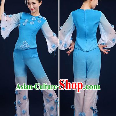 Traditional Chinese Yangge Fan Dancing Costume, Folk Dance Yangko Mandarin Sleeve Jasmine Flower Blouse and Pants Uniforms, Classic Dance Elegant Dress Drum Dance Blue Clothing for Women