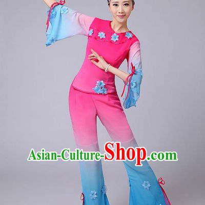 Traditional Chinese Yangge Fan Dancing Costume, Folk Dance Yangko Mandarin Sleeve Jasmine Flower Blouse and Pants Uniforms, Classic Dance Elegant Dress Drum Dance Pink Clothing for Women
