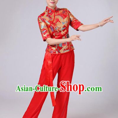 Traditional Chinese Yangge Fan Dancing Costume, Folk Dance Yangko Mandarin Collar Embroidered Dragon Blouse and Pants Uniforms, Classic Dance Elegant Dress Drum Dance Red Clothing for Women
