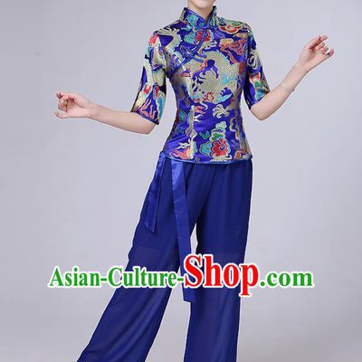 Traditional Chinese Yangge Fan Dancing Costume, Folk Dance Yangko Mandarin Collar Embroidered Dragon Blouse and Pants Uniforms, Classic Dance Elegant Dress Drum Dance Blue Clothing for Women