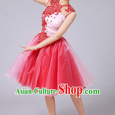 Traditional Chinese Modern Dancing Compere Costume, Women Opening Classic Dance Chorus Singing Group Embroidered Bubble Uniforms, Modern Dance Classic Dance Big Swing Purple Short Dress for Women