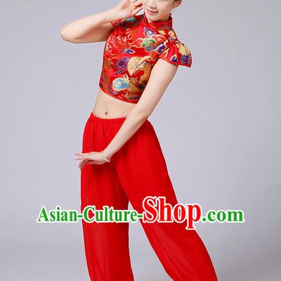 Traditional Chinese Yangge Fan Dancing Costume, Folk Dance Yangko Mandarin Collar Satin Dragon Blouse and Pants Uniforms, Classic Dance Elegant Dress Drum Dance Red Clothing for Women