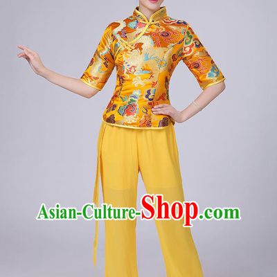 Traditional Chinese Yangge Fan Dancing Costume, Folk Dance Yangko Mandarin Collar Satin Dragon Blouse and Pants Uniforms, Classic Dance Elegant Dress Drum Dance Gold Clothing for Women