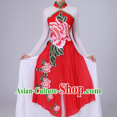 Traditional Chinese Yangge Fan Dancing Costume, Folk Dance Yangko Mandarin Collar Peony Painting Uniforms, Classic Dance Elegant Big Swing Dress Drum Dance Pink Clothing for Women