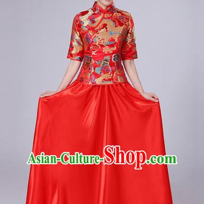 Traditional Chinese Style Modern Dancing Compere Costume, Women Opening Classic Chorus Singing Group Dance Embroidered Dragon Uniforms, Modern Dance Classic Dance Red Cheongsam Dress for Women